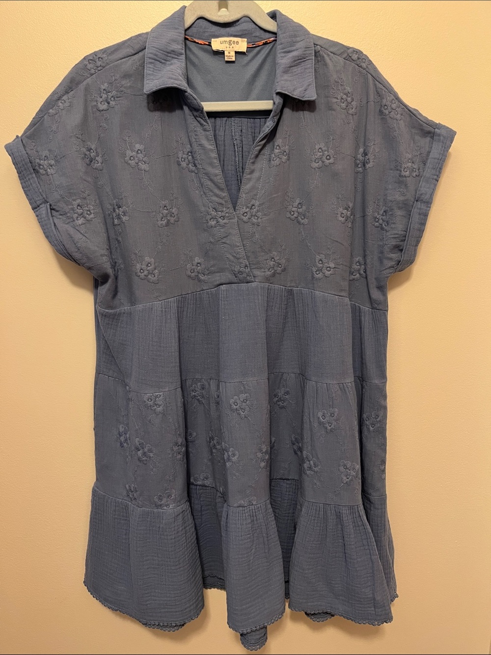 Umgee Slate Blue Embroidered V-Neck Tiered Dress